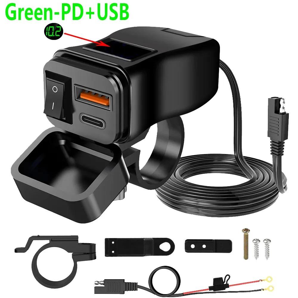 PD+QC3.0 Motocykl USB Rychlá nabíječka 60W Duální USB zásuvka na řídítka se spínačem Voltmetr Vodotěsný 12V napájecí adaptér