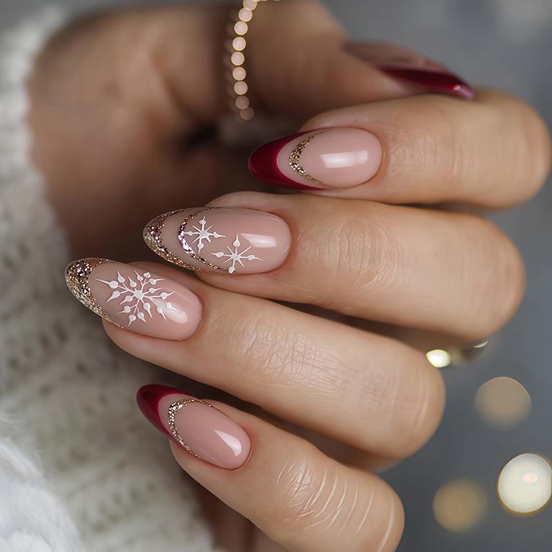 24Pcs Christmas Snowflake Red Glitter Stripe Almond Press On Nails Full Cover Fake Nail Tips Wearable Manicure Set