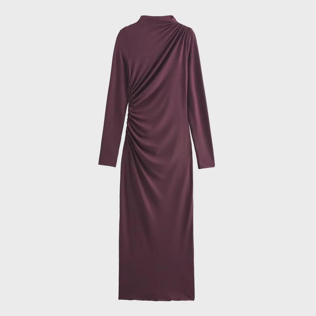 European & American Style Pleated Long Sleeve Slim Dress with Stand-Up Collar for Autumn & Winter - Women's Collection.
