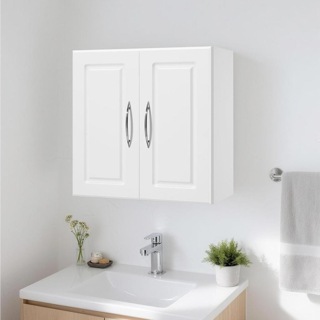 Laundry Room Wall Cabinet, 2-Tier Wall Mounted Hanging Cabinet with Adjustable Shelf, 60 Cm Cupboard Storage with 2 Doors, for Kitchen, Bathroom,