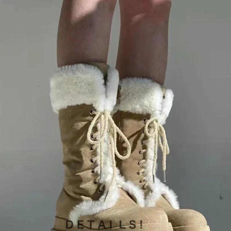 Design Women's Mid Calf Snow Boots Retro Platform Wedges High Heels Winter Warm Plush Flock Short Booties Sweet Cute Shoes 2024