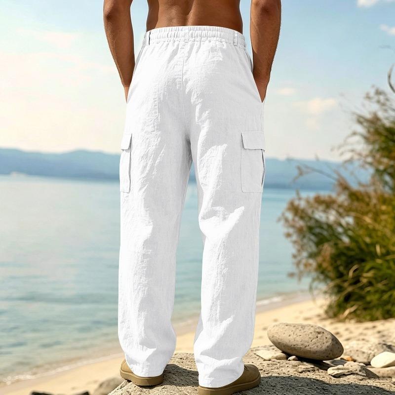 S Men Casual Loose Fit Wide Leg Cargo Pocket Breathable Linen Chinos Solid Color Long Pants Casual Pants