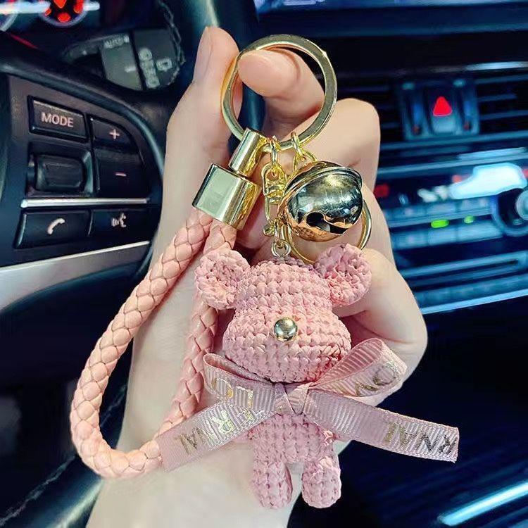 Trendy Knitted Bear Keychain Figurine - Women's Cartoon Backpack & Car Ornament Gift