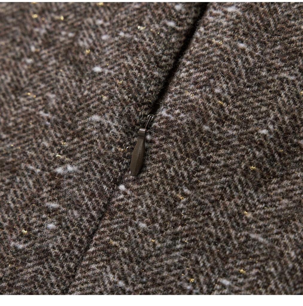 Kadınlar İçin Taşlı Yaka, Şık Sosyetik, Altın İplikli Balıksırtı Yün Elbise