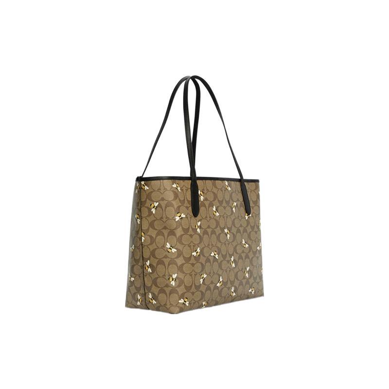 New COACH City Canvas With Leather Tote Bag Shopping Bag Handbag Shoulder Bag Women's Khaki Bee Print Patch C8590-IME7V