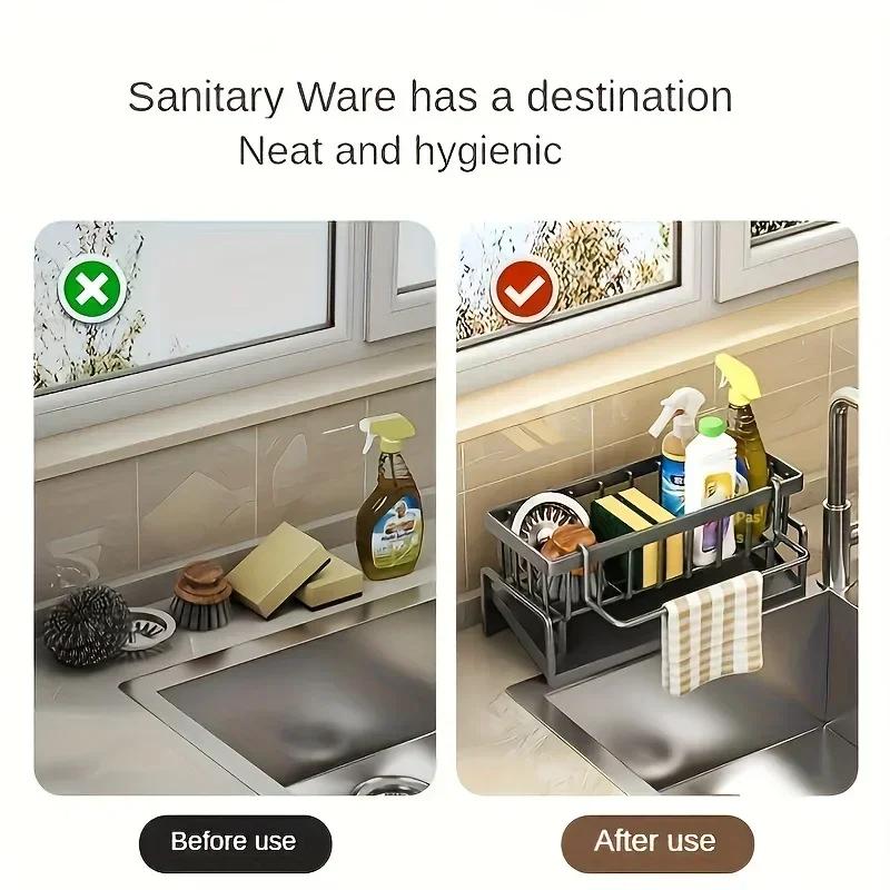 Kitchen Sink Organizer Sponge Holder Dish Cloth Drying Rack with Slanted Drain Tray for Countertop Storage