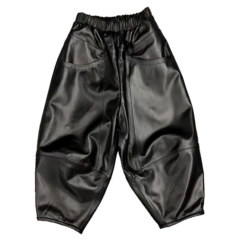 Pantalones Harem para Mujer Cintura Alta Elástica Bolsillos Pantalones Pantalones Cortos de Polipiel