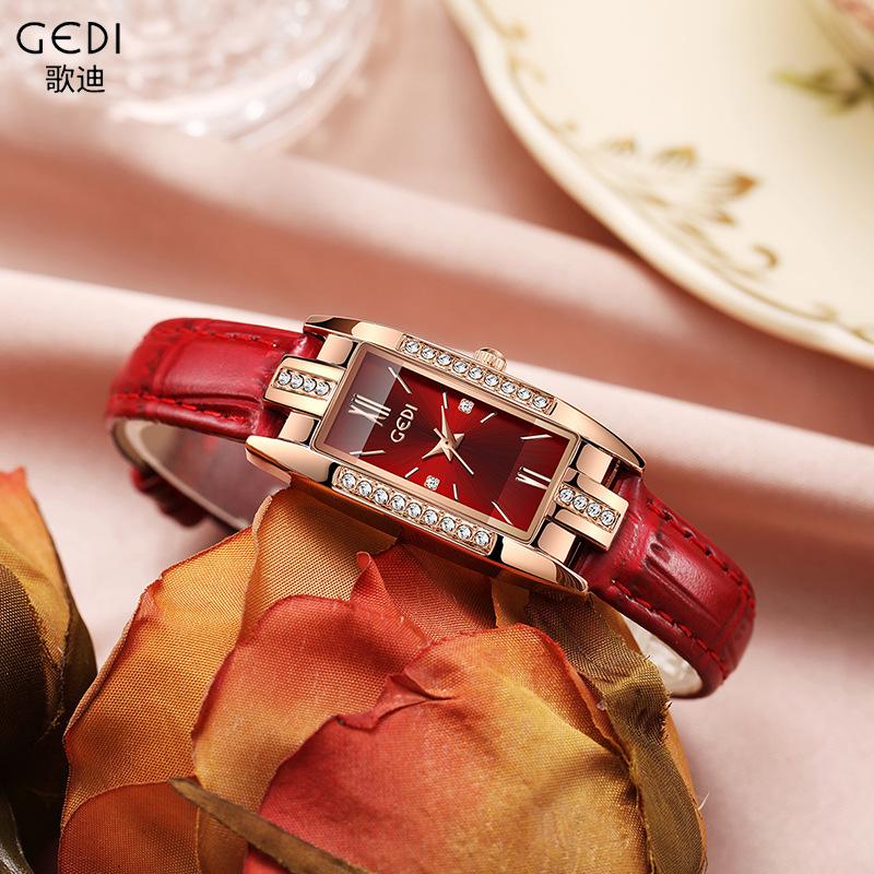 Light Luxury brand Starry Sky Ladies Watch red Leather fashionable and Versatile Square Waterproof Women's Quartz Wristwatches