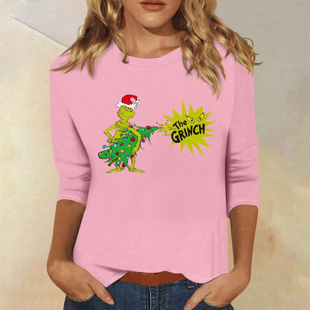 3/4 Sleeve Tops For Women T-Shirt Casual Christmas Print Tops T Shirt Round Neck Pullover Blouse