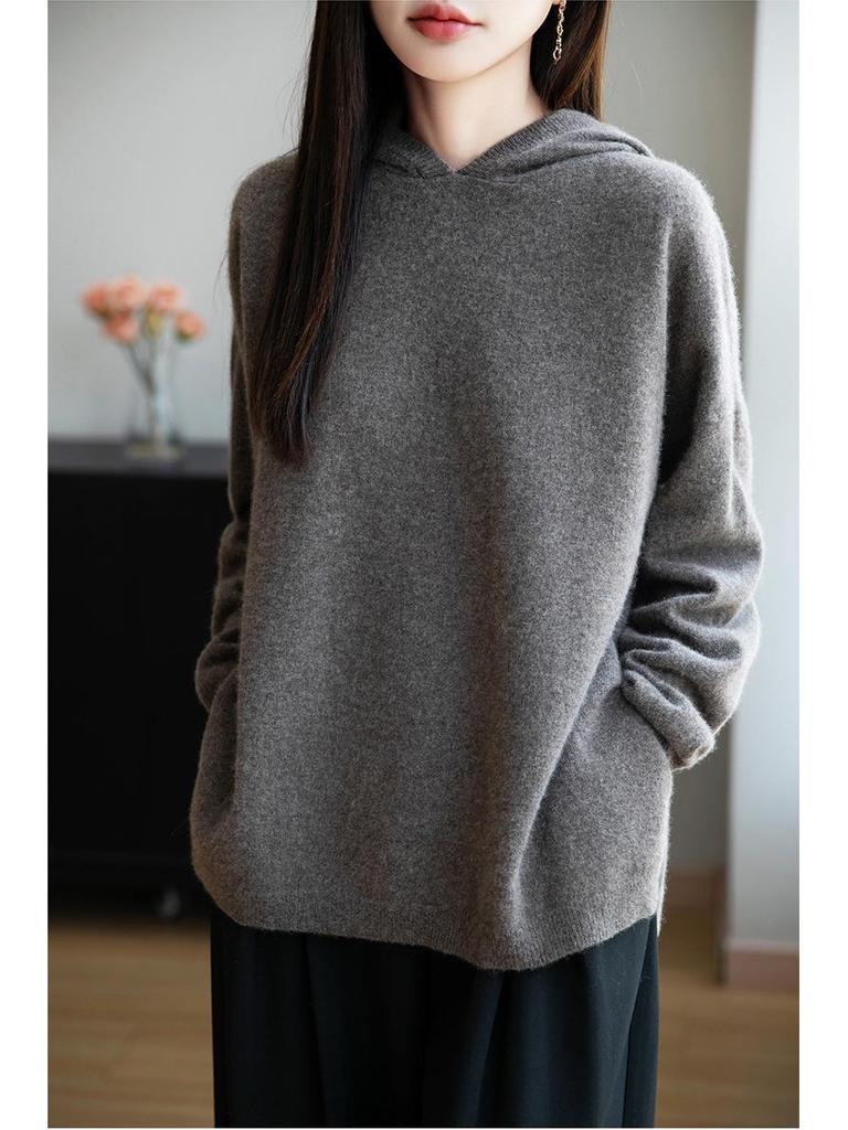 Damull Tröja med Huva - Lös Passform, Sidosprund, Vardags- och Mångsidig Stickad för Höst/Vinter