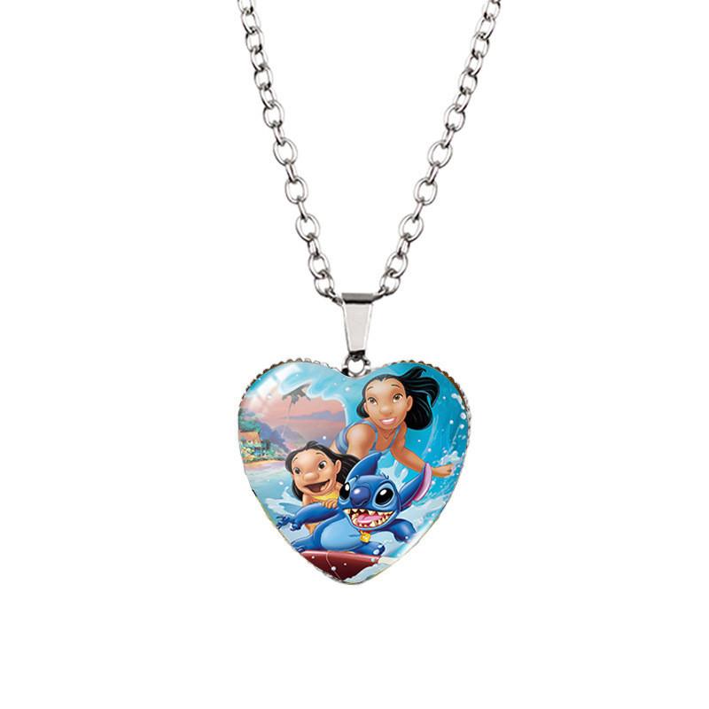 Adorable Stitch Cartoon Heart Necklace For Kids With Stunning Glass Pendant And Alloy Chain
