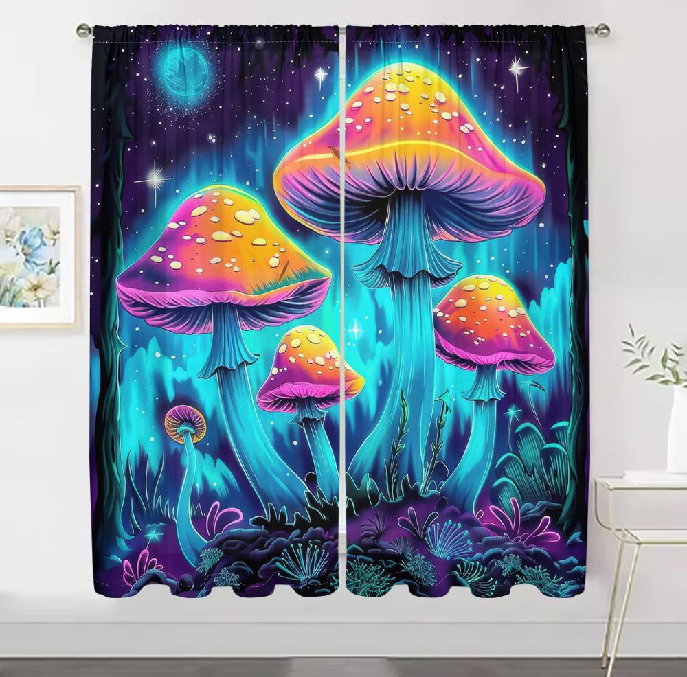 2Pcs Fantasy Mushroom Curtains Glowing Night Scene Pattern Living Room Bedroom Balcony Sunshade Magical Art Decor Curtains