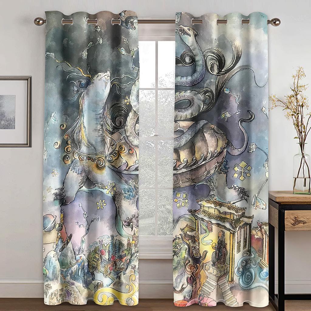 Traditional Chinese Myth Auspicious Auspicious Animal Pattern 3D Digital Printed Curtain Living Room Bedroom Curtain Two Panels