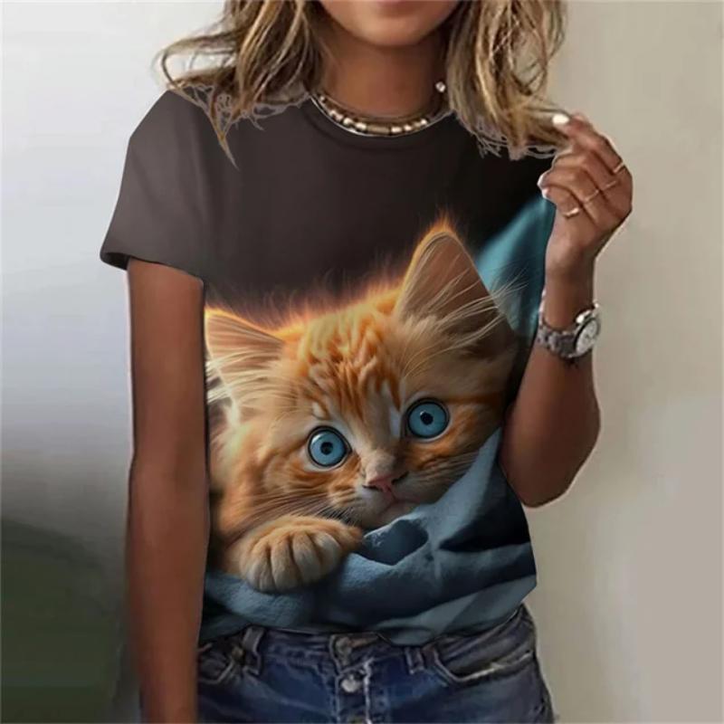 Fashion Women's T-shirt 3D Printed Kawaii Cat Pattern Short Sleeved Round Neck Top Summer Outdoor Casual Street Simple Clothing