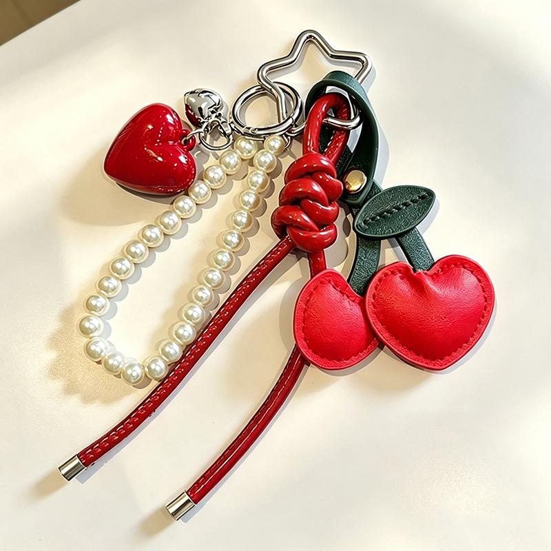 Yogodlns Y2K Faux Leather Rope Red Pink Cherry Keyring Red Heart Pearl Ribbon Bag Key Chain Charm Pendant Women Trendy Keychain Jewelry