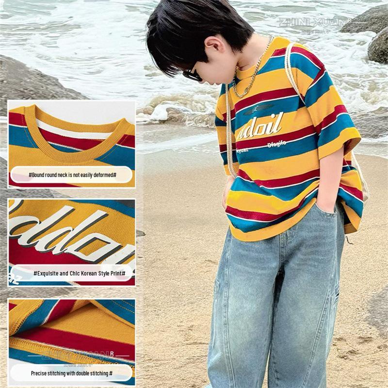 Boys Striped Lightweight T-shirt - Summer 2026 Short Sleeve for Older Children 100cm