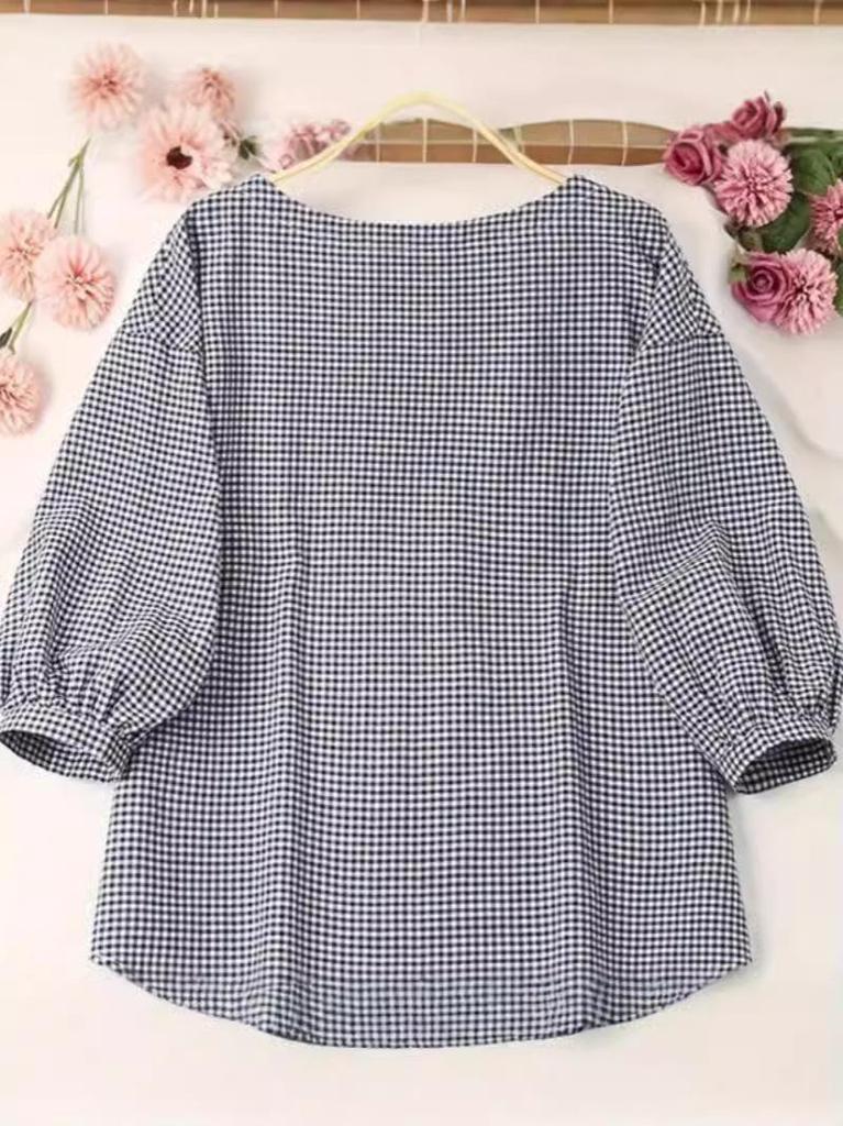 Women's Casual Plaid Seven-Sleeve Pullover Shirt