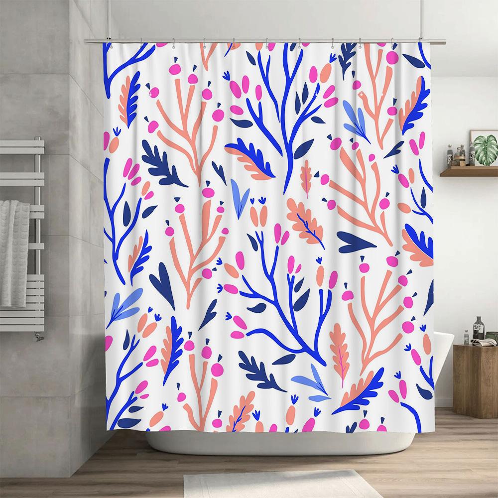 Blue and pink coral shower curtain with white background featuring leafy branches waterproof fabric bathroom decor for kids bath