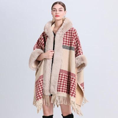 Xadrez feminino com acabamento de pele sintética, poncho tartan aconchegante, capa de caxemira, xale, inverno, tricotado com franjas, casaco com capuz e borlas para mulheres