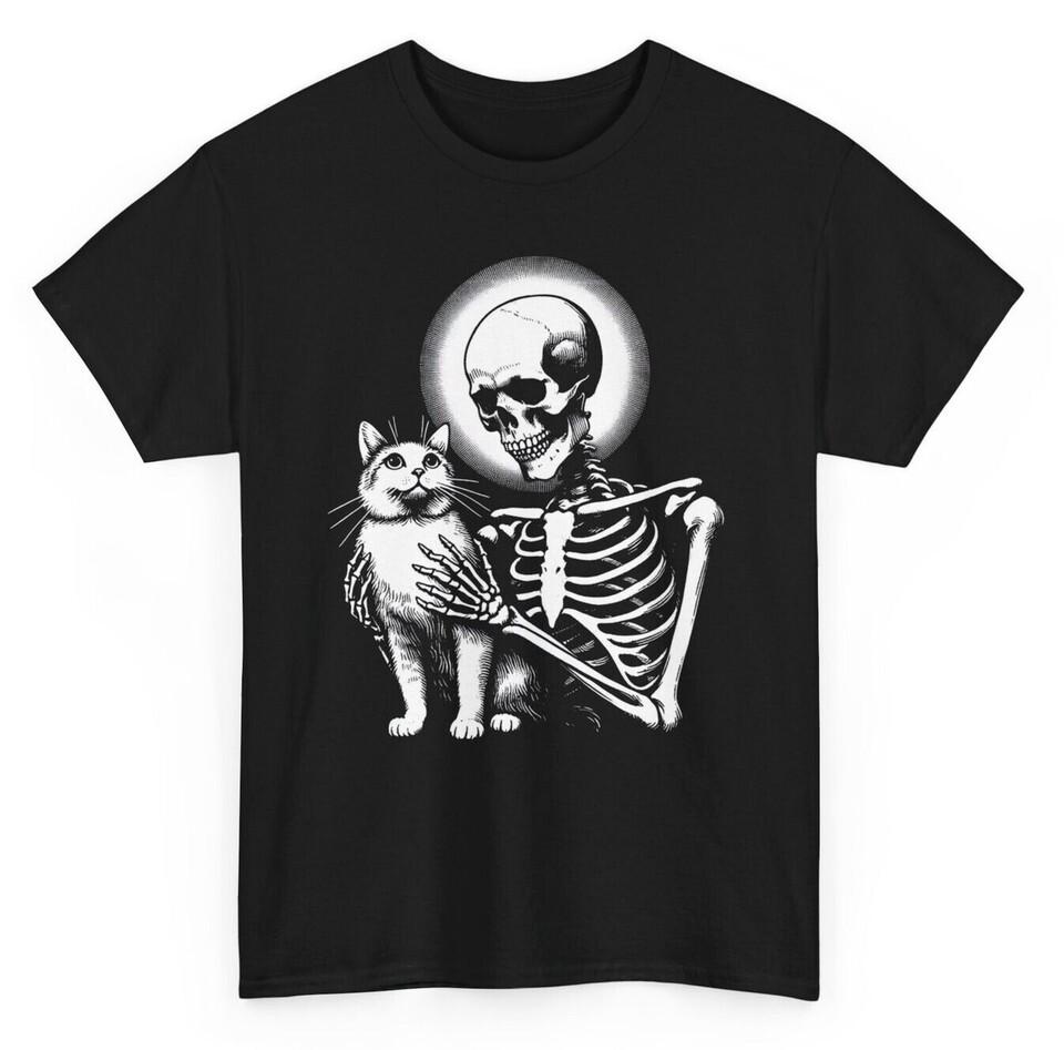 

Skeleton And Cat T-shirtNovelty Kitten Halloween Graphic Tee Unisex T-Shirt XXXL