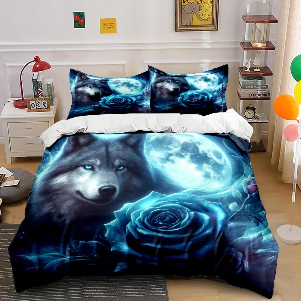 New Arrival! Wolf and Rose Print Bedding Set for Wolf Totem Lovers 1 Quilt Cover 2 Pillowcases Adult and Kids Bedding Set Gifts