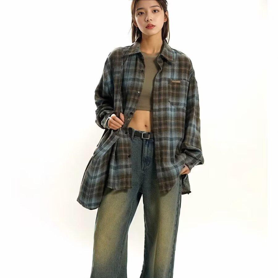 Women's American Retro Plaid Long-Sleeve Shirt - Casual, Sweet, High-End, and Versatile