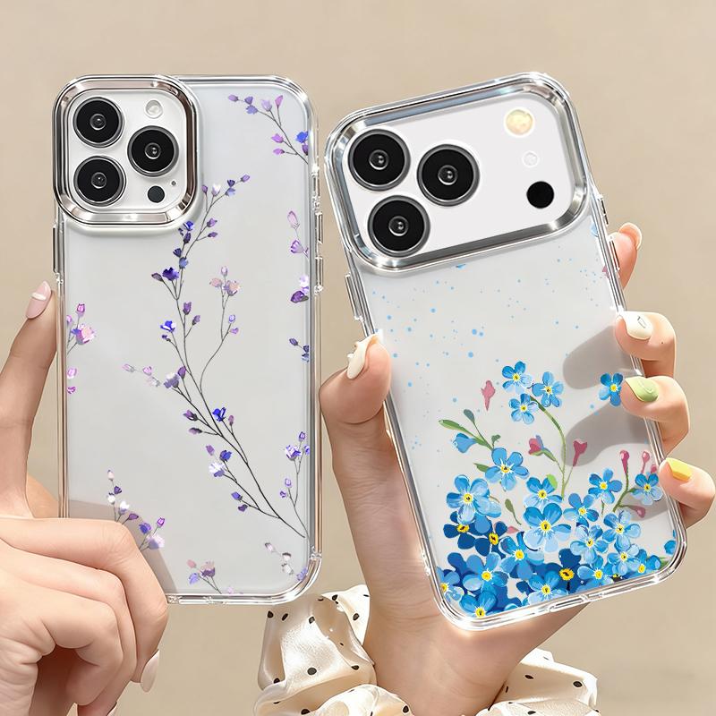 Blue Purple Flower Pattern Case For iPhone 17 Pro Max Plating Lens Frame Clear Soft Cover For iPhone 16 15 14 13 Pro Max 11 16E 17E