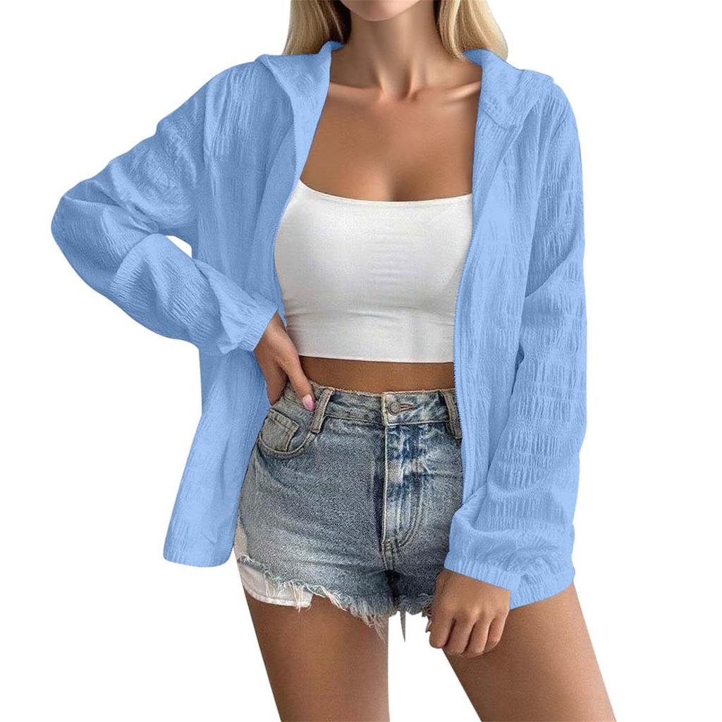 Women's Solid Color Long Sleeved Hooded Zipper Thin Jacket