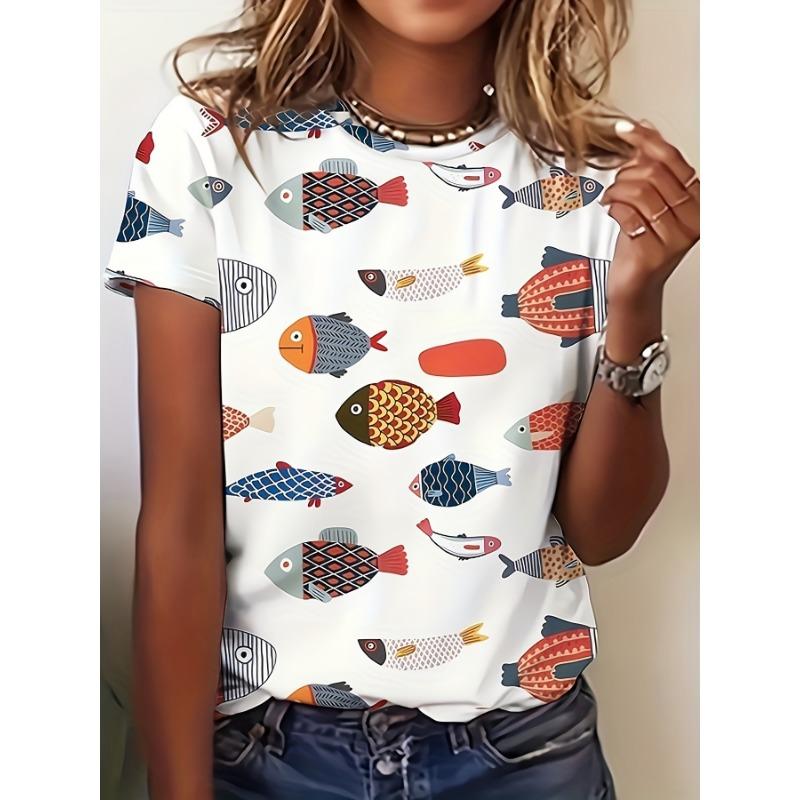 Camisetas de Verano con Estampado 3D de Peces Coloridos para Mujer Manga Corta Cuello Redondo Moda Casual Camisetas Harajuku Y2k Tops Ropa Femenina