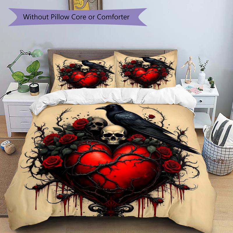 

3 шт. Готический набор постельного белья с принтом Сердца, Воронов, Черепов и Красных Роз, Мягкое и Удобное Покрывало для Спальни, Гостевой Комнаты (1 пододеяльник + 135x200cm