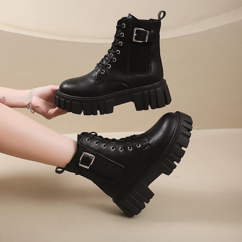Fashion Block Heel Platform Single Boots Women's Autumn New Versatile Round Toe Front Lace-up British Style Small Booties