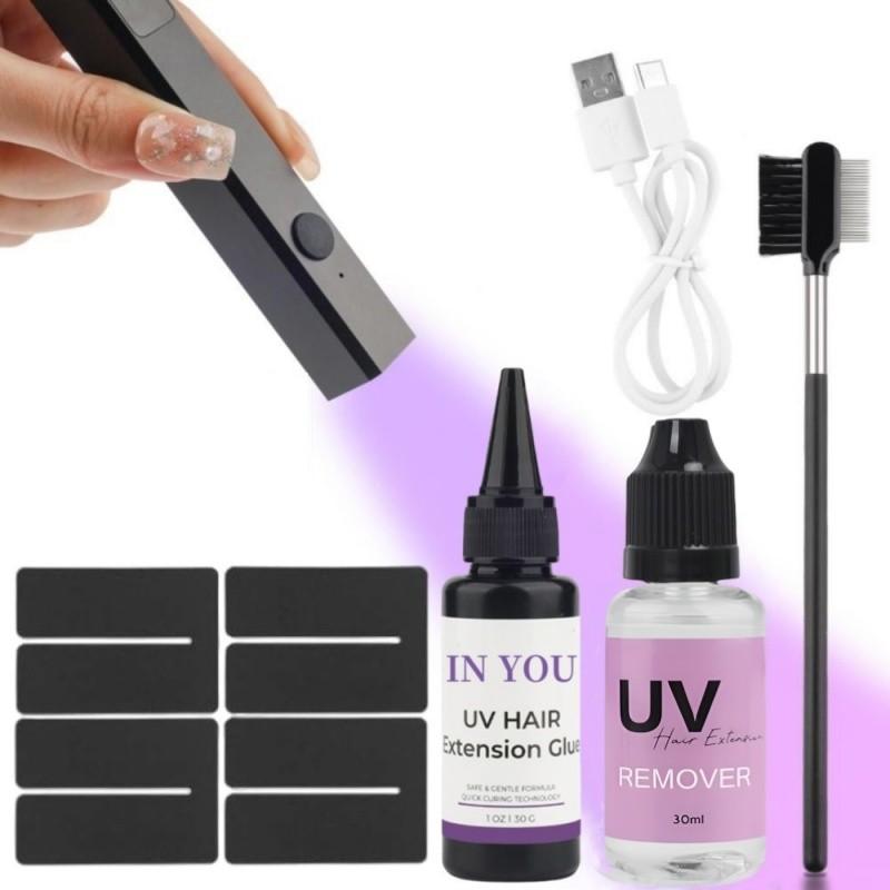 

UV Hair Extension Kit with UV Lamp: 30g Fast-Curing Glue & Tools | Invisible Bonds, Damage-Free Salon & Home Use A set