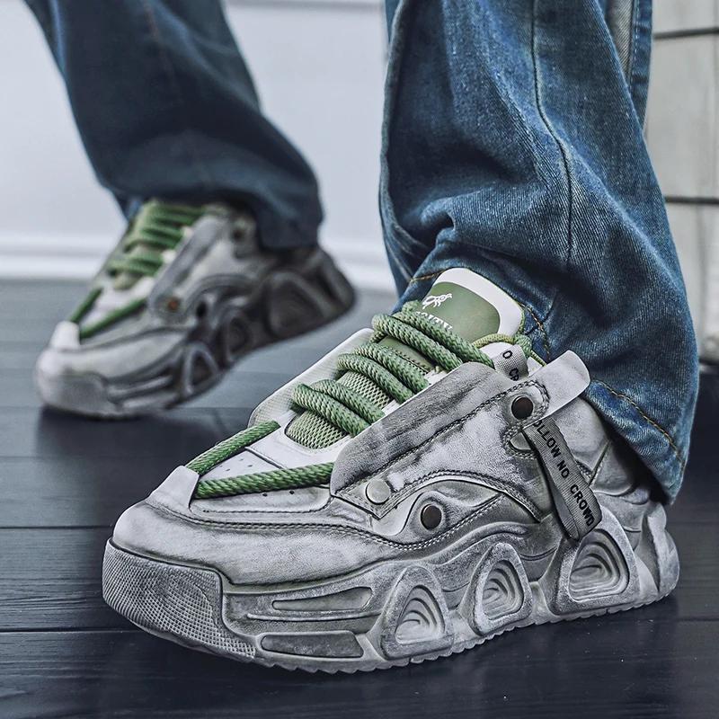 Chunky Sneaker Men Designer Distressed Sport Shoes Fashion Casual Leather Fabric Breathable Height Increased Flat Platform Shoes