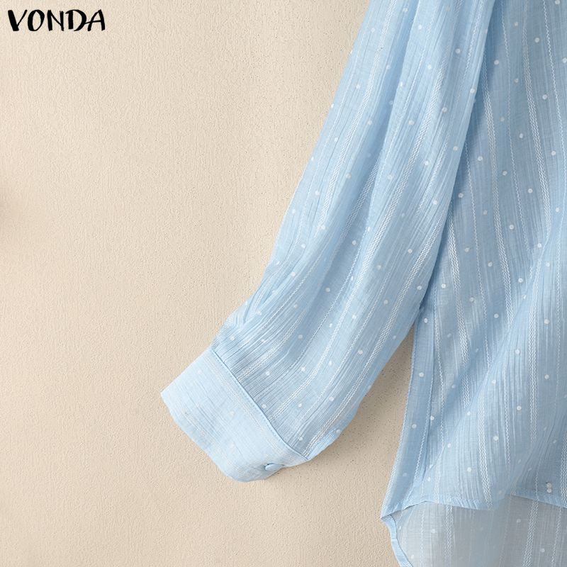 VONDA Women Casual Loose Lapel Neck Long Sleeve Polka Dots Semi-Sheer Blouse Shirts