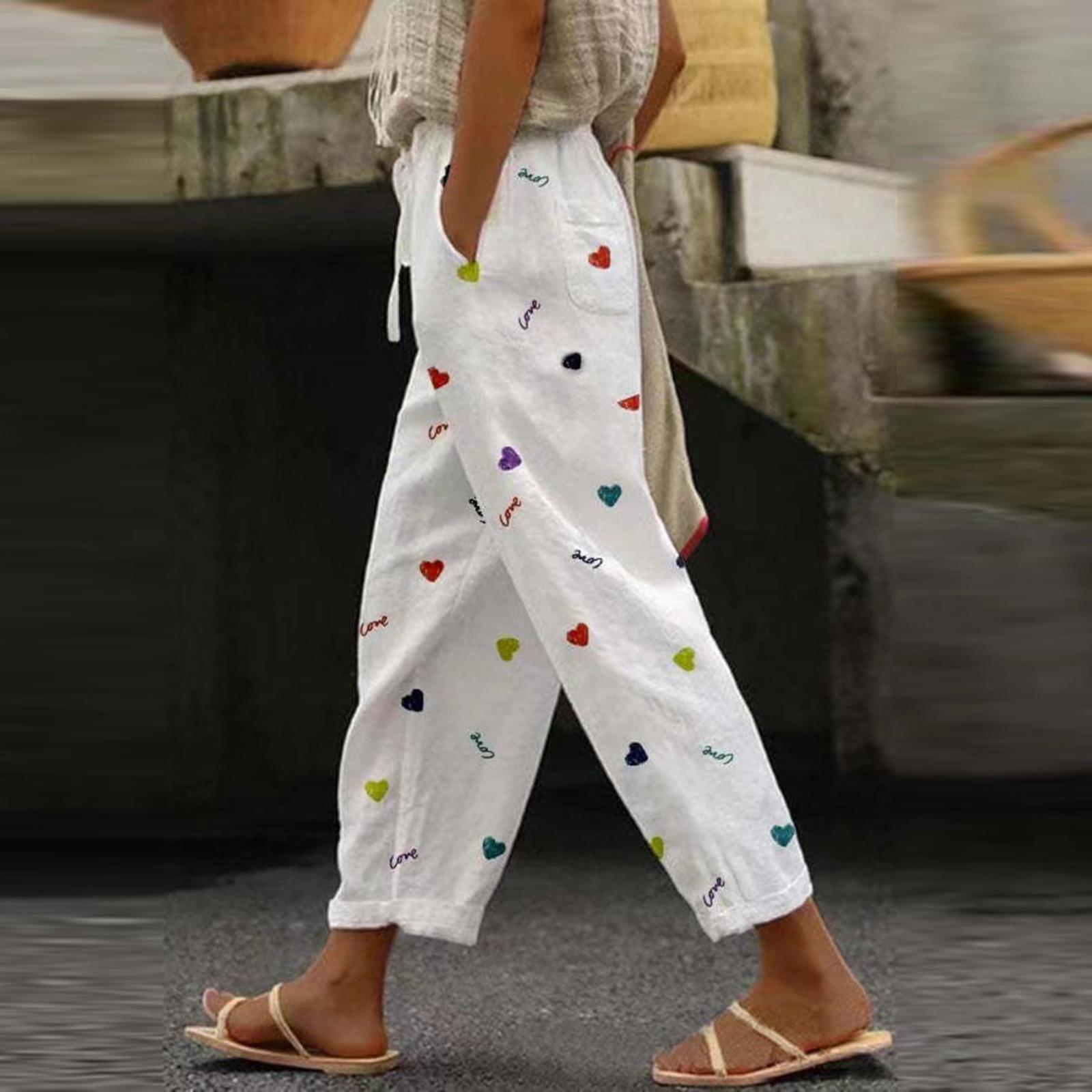 

Women s Fashion Printed Loose,Fit Cotton,Linen Blend Relaxed Pants With Pockets XL білий