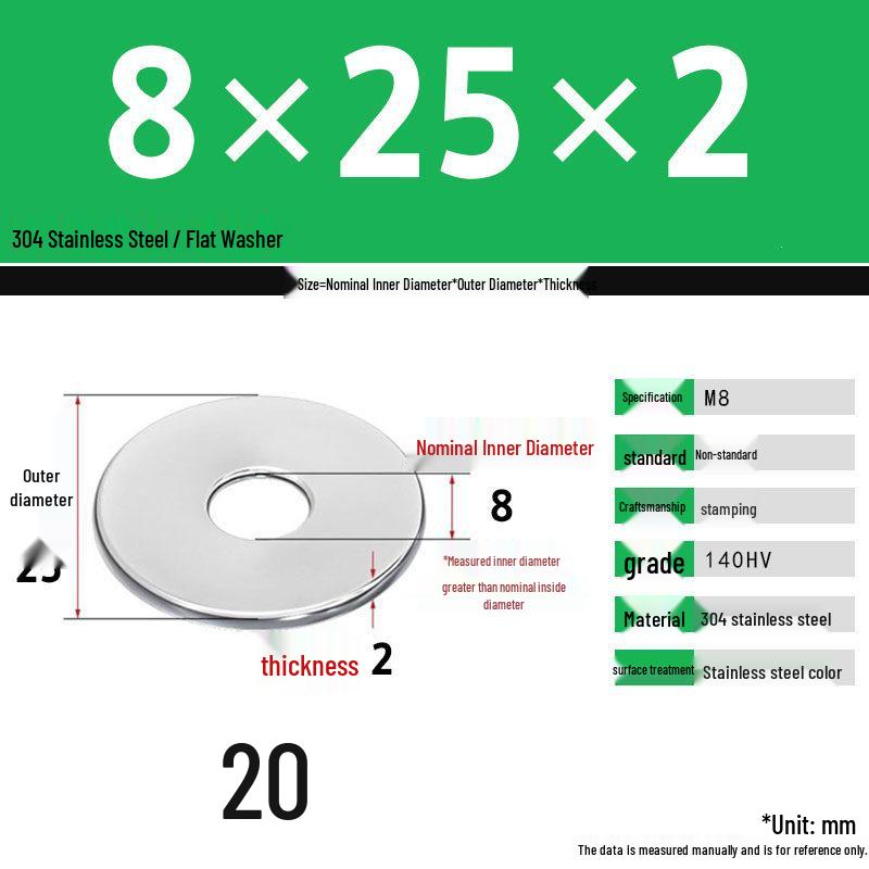 304 Stainless Steel Thickened Flat Washer Set, Sizes 2-36