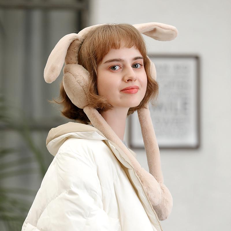 Women's Winter Soft Faux Fur Cute Rabbit Ear Foldable Ear Protection Windproof Traveling Ski Earmuffs