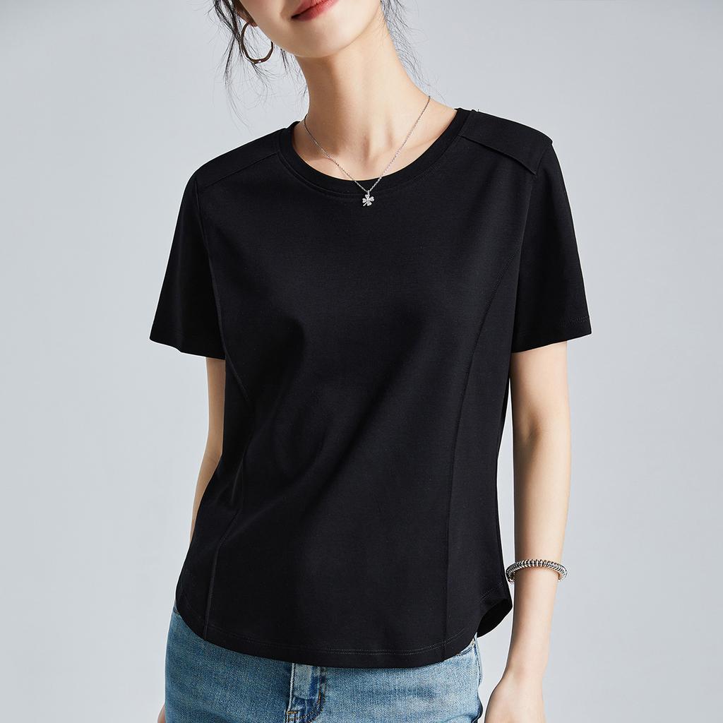 Summer Women's White Mercerized Cotton T-Shirt Stitching Round Neck Basic Top Plus Size Slim Fit Layered Casual Blouse