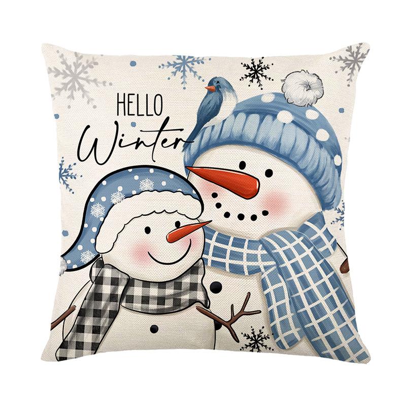 Blue Christmas Pillow Cover Christmas Snowman Letter Print Living Room Sofa Cushion Cover Bedroom Bedside Pillow Cover