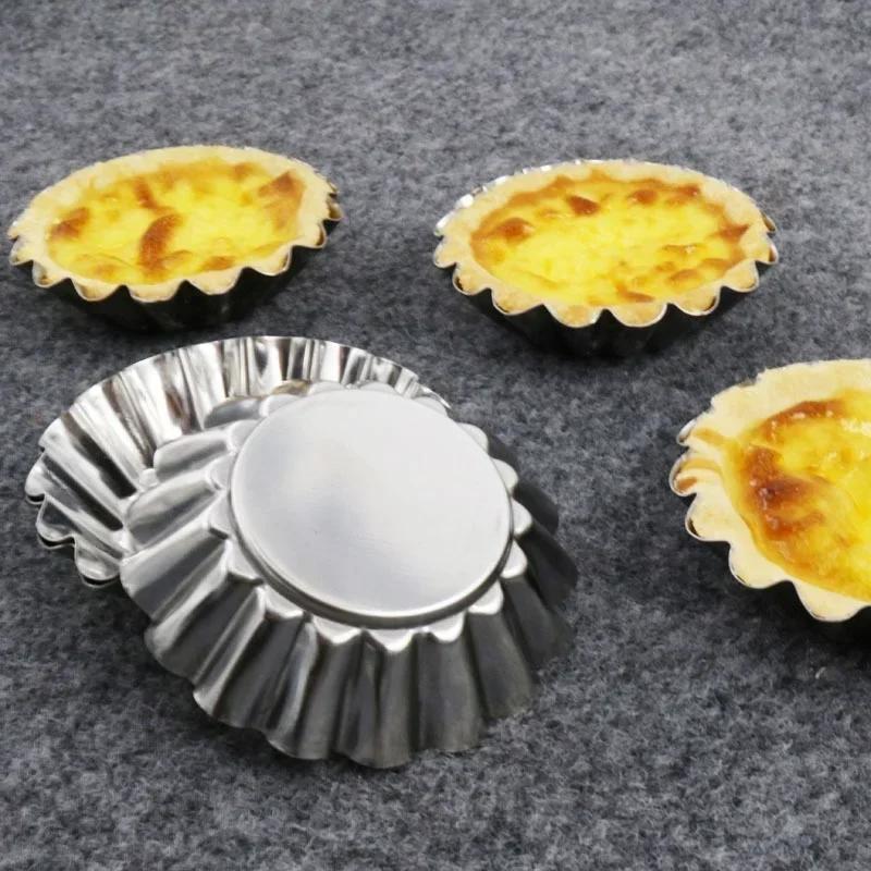 10 Pcs Nonstick Reusable Baking Mold for Cupcake, Egg Tart, Cookie, Pudding and Cake, Silver Stainless Steel Pastry Tools
