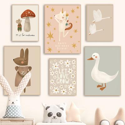 Nordic Cartoon Rabbit Fox Mouse Goose Duck Wall Art Canvas Painting Retro Poster and Prints Wall Pictures Baby Kids Room Decor