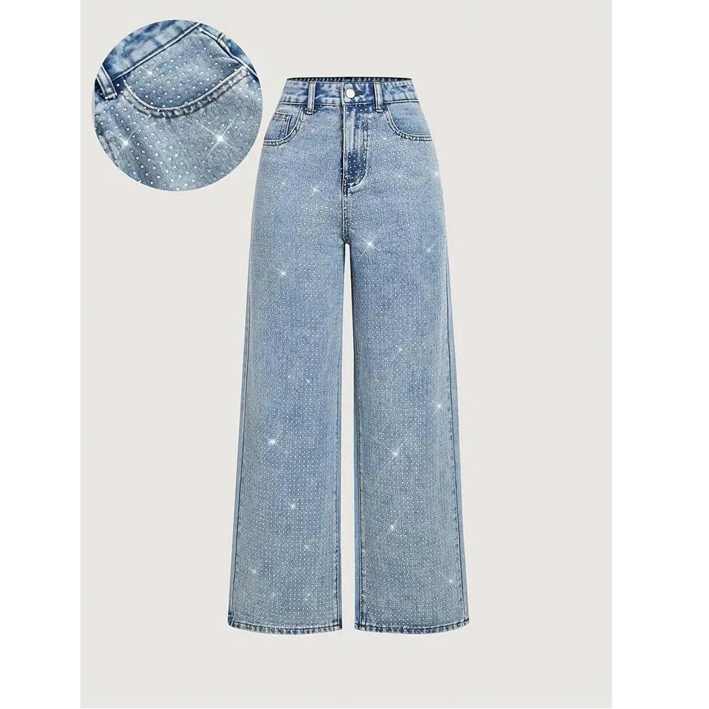 Neue Damen Plus Size Jeans mit Perlen, geradem Bein, Stretch