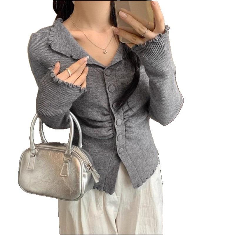 Lapel fungus edge knitted cardigan sweater women's autumn new slim waist top trendy