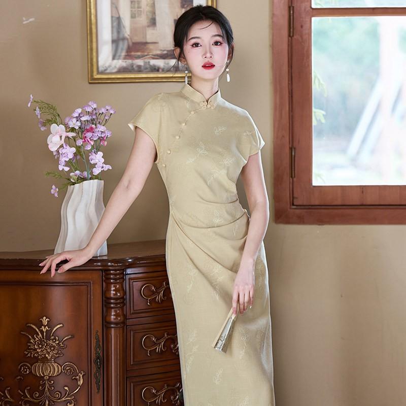 Yellow Modern Chinese Style Long Cheongsam Dress Women 2026 Vintage Short Sleeve High Waist Elegant Evening Gown