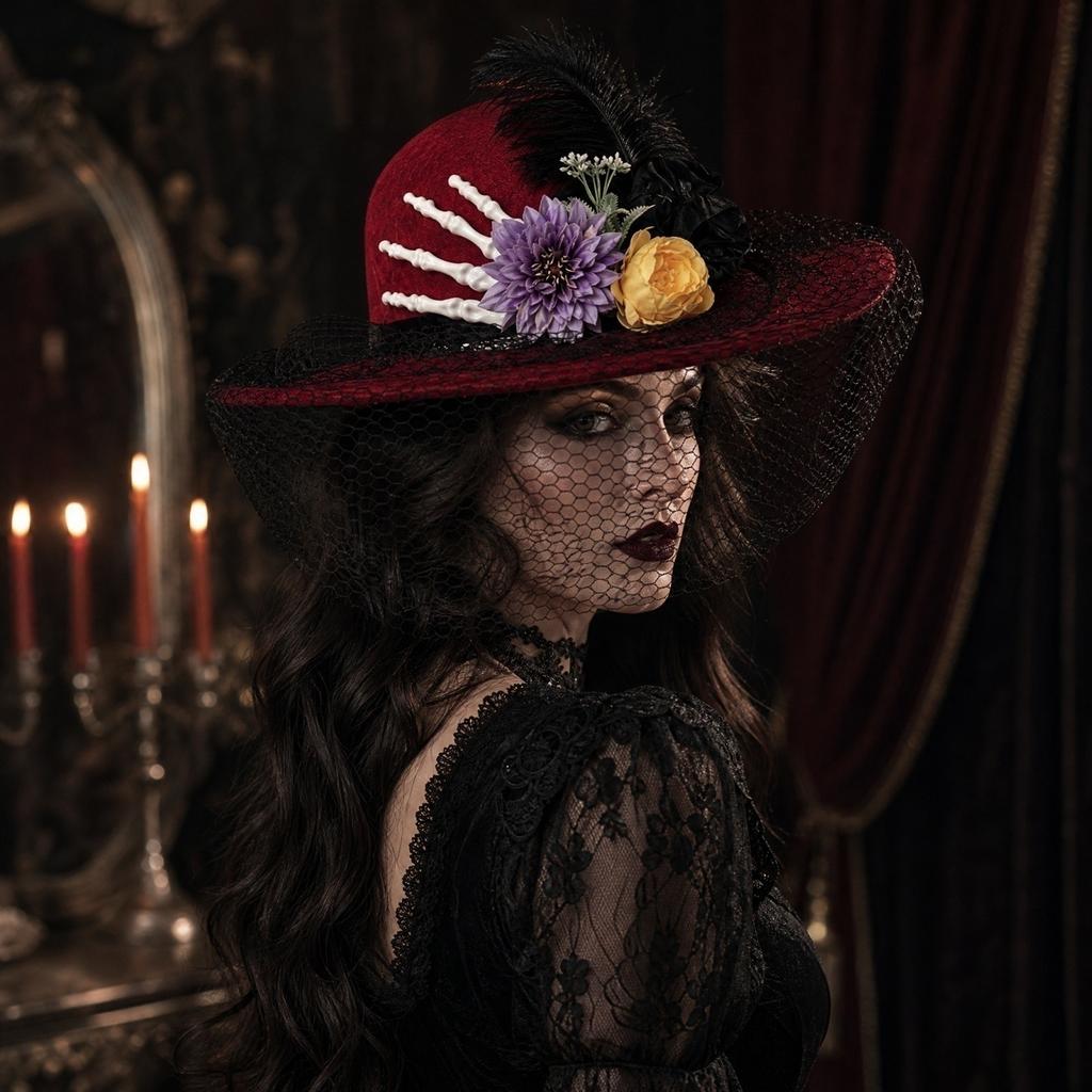 Halloween Red Hat with Skeleton Hand and Flower Decoration, Mesh for Costume Party