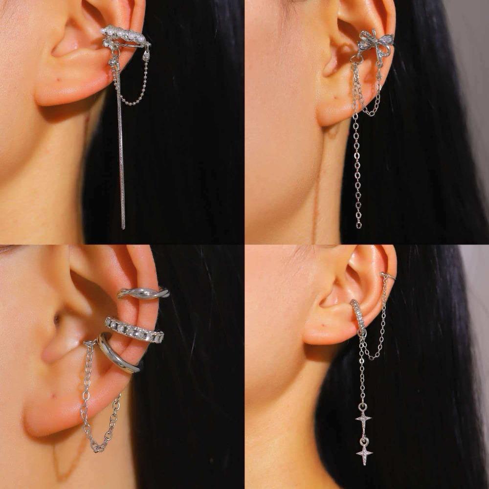 Temperament Shining Zircon Stars Tassel Chain Clip Earrings for Women Integrated Asymmetry Fake Piercing Ear Cuff Trendy Jewelry