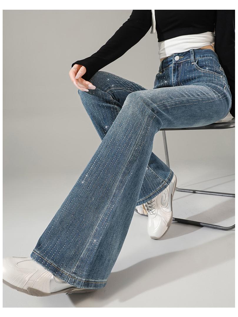 Women s Sparkling Rhinestone Flare Pants - Stretchy, High-Waisted, Slimming Denim for Spring/Autumn XS