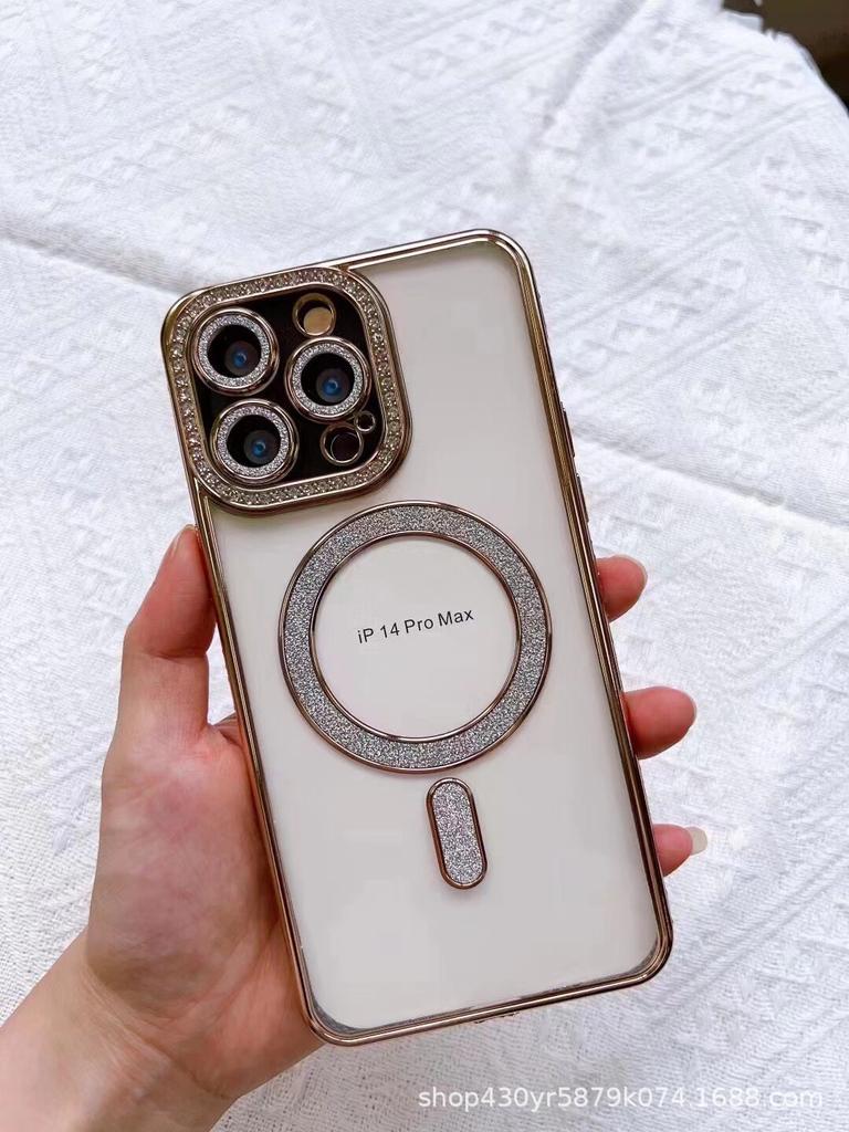 Anwendbar auf Apple IPhone 15 Seite Diamant Magnetische Saug Handyhülle Gold Integrierter Glitzer Versiegeltes Kamera Diamant Etui