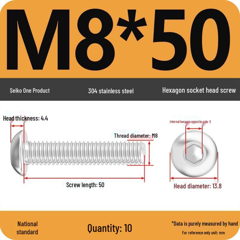 304 Stainless Steel Pan, Half, and Round Head Hexagon Screws (M2-M12)