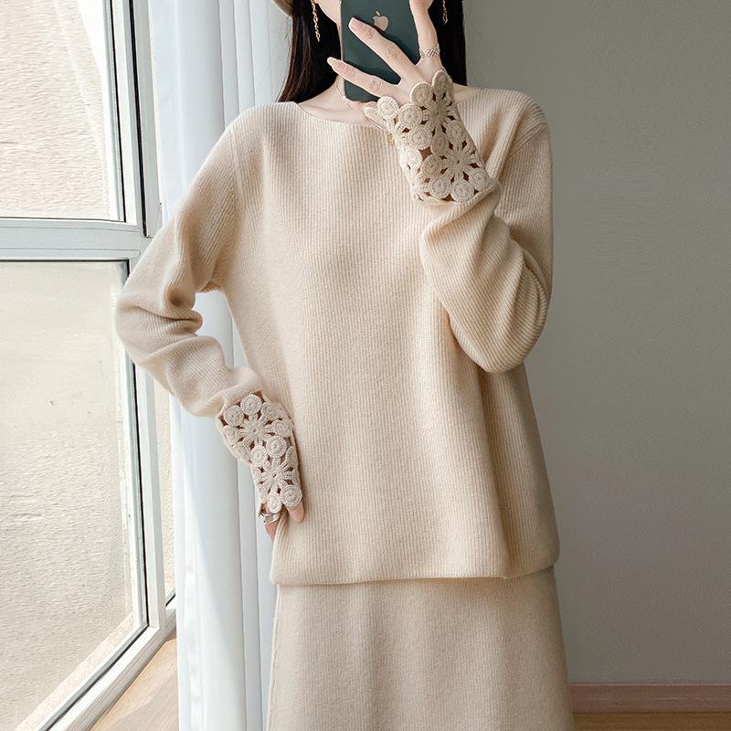 Autumn/Winter Pure Wool Knit Two-Piece Set: Round Neck Long Sleeve Top & Mid-Length Hollow Crochet Skirt
